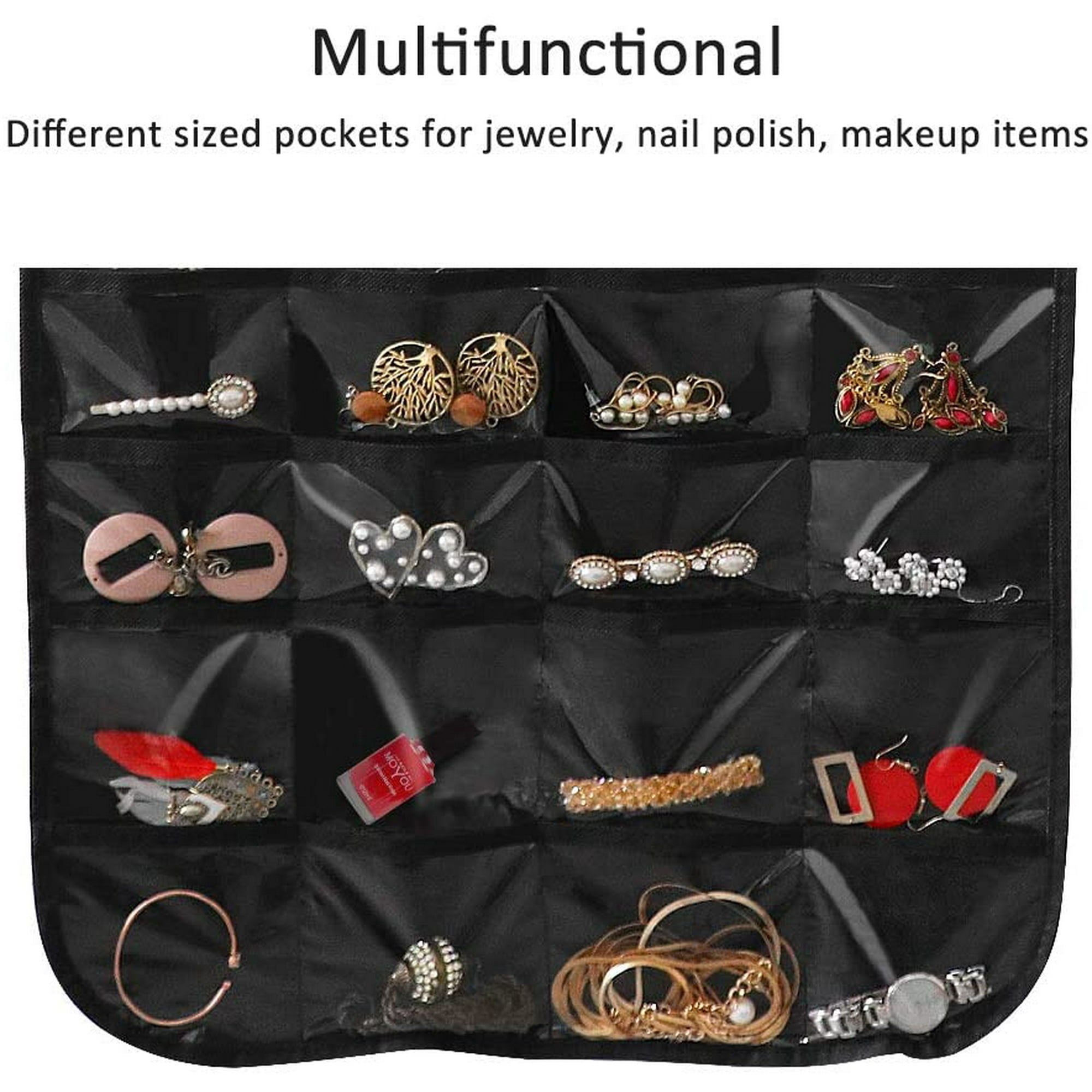 Black Jewelry Organizer Hanging Bag 40 Pockets & 20 Hook-and-loop Tabs Earrings Necklace Bracelet Holder Dual Sided Space-Saving Household Closet Accessory Storage Bag with Hanger 
